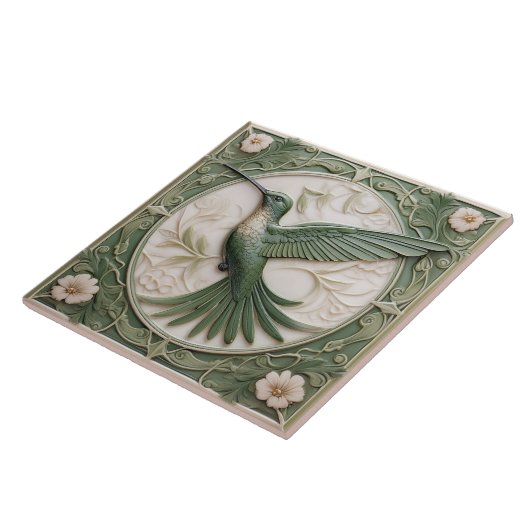 セージフェイクグリーンレリーフ、 浮き彫りアールヌーボーハミングバードL タイル (側面)