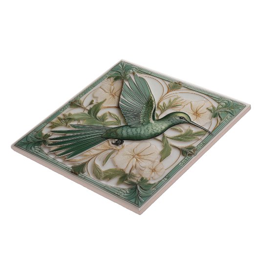 セージフェイクグリーンレリーフ、 浮き彫りアールヌーボーハミングバードR タイル (側面)