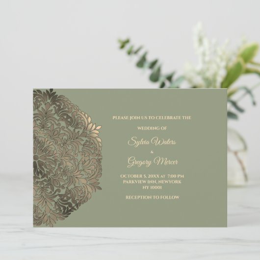 セージフェイクグリーン金ゴールドエスニクラシックカル結婚ズ 招待状 (スタンド正面)