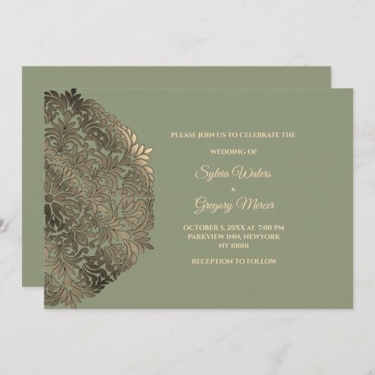 セージフェイクグリーン金ゴールドエスニクラシックカル結婚ズ 招待状 (正面/裏面)