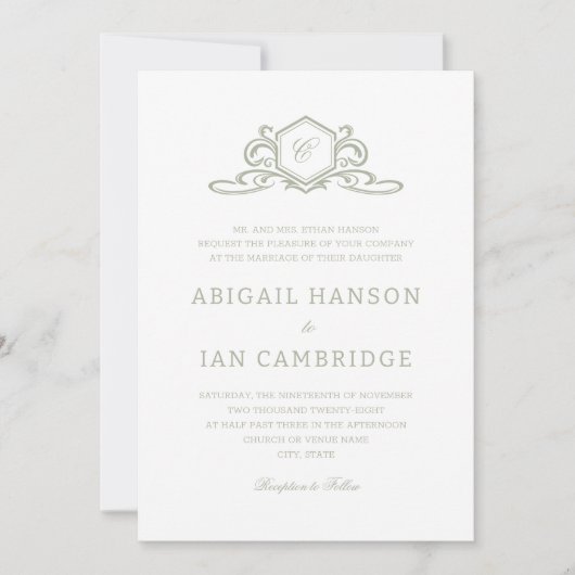 セージフォーマルクレストモノグラムエレガントな結婚式 招待状 (正面)
