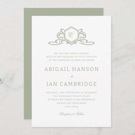 セージフォーマルクレストモノグラムエレガントな結婚式 招待状 (正面/裏面)