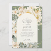 セージフォーマルグリーンとアイボリーフローラ庭園の結婚式 招待状 (正面)