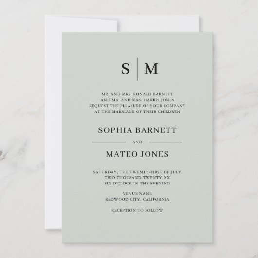 セージフォーマルグリーンモノグラムエレガントなウェディングインビット 招待状 (正面)