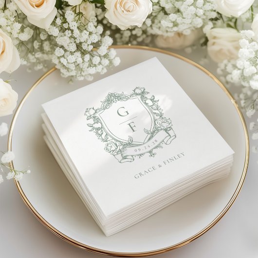 セージフランスのグリーンバラモノグラム結婚クレスト スタンダードカクテルナプキン