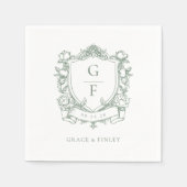 セージフランスのグリーンバラモノグラム結婚クレスト スタンダードカクテルナプキン (正面)