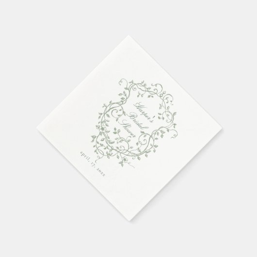 セージフランスのグリーンフローラクレストブライダルシャワー スタンダードカクテルナプキン (角)
