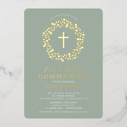 セージフローラガールズファーストコミューオンフォイル招待状 箔招待状 (正面)