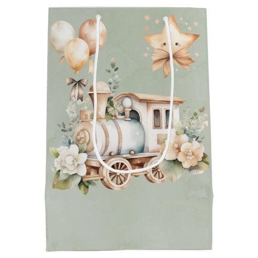 セージフローラ列車ボーイベビーシャワーギフト ミディアムペーパーバッグ (裏面)