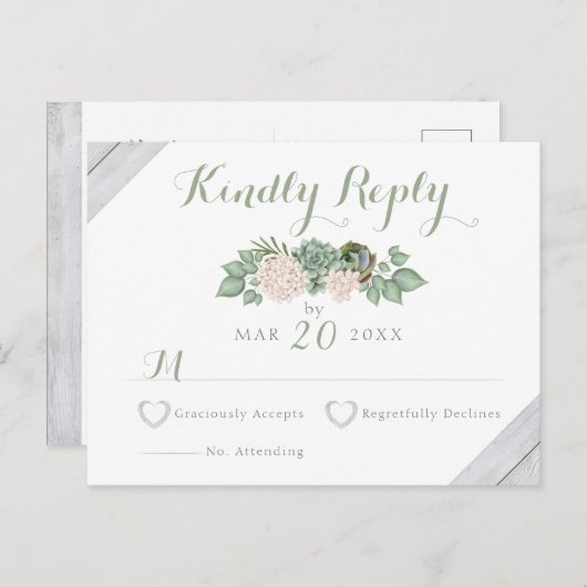 セージフローラ花とホワイトウッドウェディングRSVPカード インビテーションポストカード (正面/裏面)