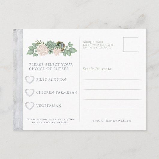 セージフローラ花とホワイトウッドウェディングRSVPカード インビテーションポストカード (裏面)