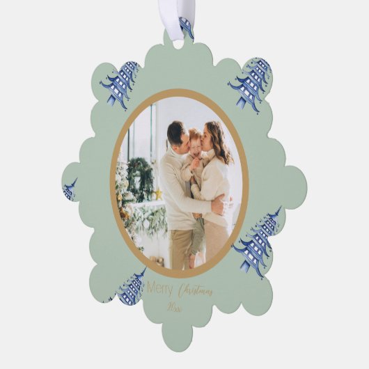 セージブルーパゴダメリークリスマスツリー2 – 写真 オーナメントカード (左)