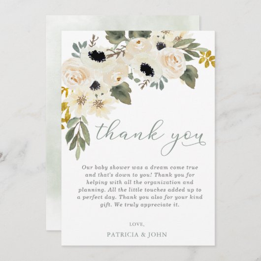 セージベビー開花アイボリーフローラガールベビーシャワー サンキューカード (正面/裏面)
