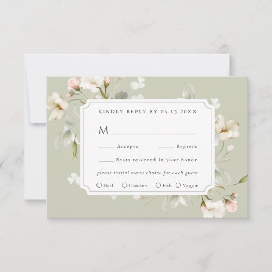 セージホワイト赤面エレガントフローラウェディングRSVPカード 出欠カード (正面)