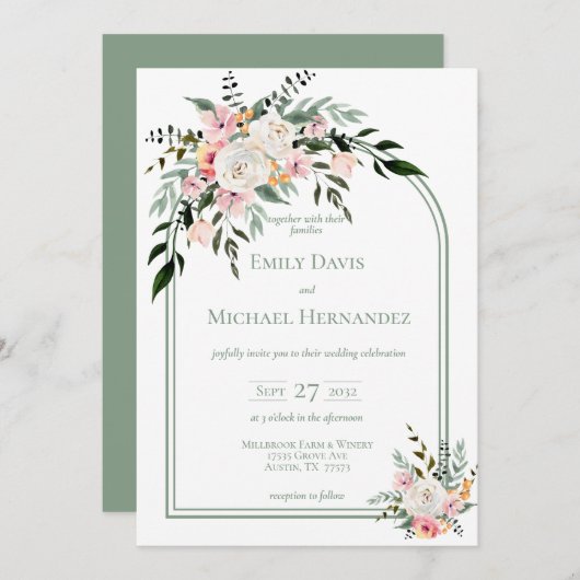 セージホワイト赤面ピーチフローラアーチ招待状 招待状 (正面/裏面)