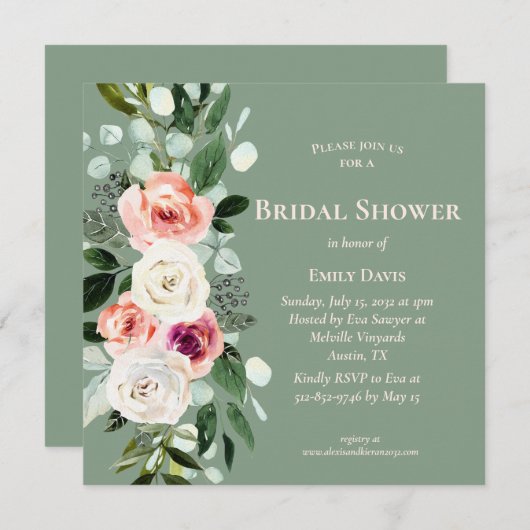 セージホワイト赤面ピーチフローラブライダルシャワー招待状 招待状 (正面/裏面)