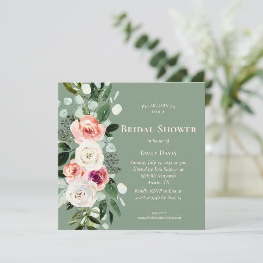 セージホワイト赤面ピーチフローラブライダルシャワー招待状 招待状 (スタンド正面)