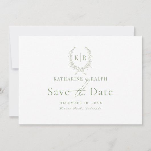 セージボタニアカルクレストモノグラム日付を保存 招待状 (正面)