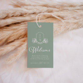 セージボタニカルモノグラムクレストウェルカムメッセージカード ギフトタグ