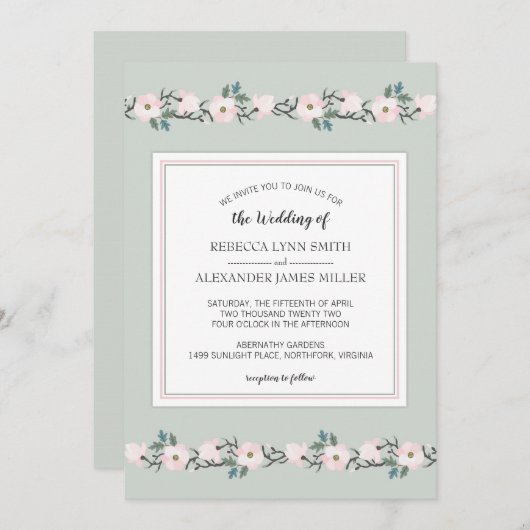 セージモダンと赤面ピンクのフローラ結婚式の招待 招待状 (正面/裏面)