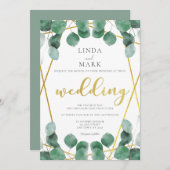 セージモダンと金ゴールドユーカリ緑結婚園 招待状 (正面/裏面)