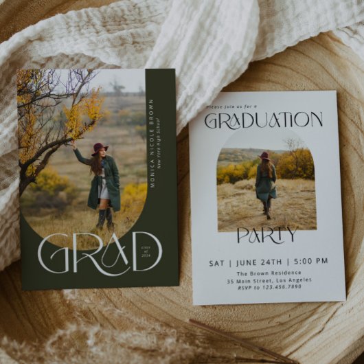 セージモダンアーチミニマル写真卒業パーティー 招待状