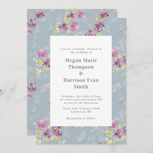 セージモダンウォーターカラーフラワー結婚式招待状 招待状 (正面/裏面)