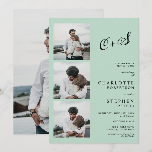 セージモダングカジュアルリーイニシャル写真結婚の 招待状 (正面/裏面)