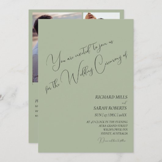 セージモダングカスタムリーの写真結婚コラージュ 招待状 (正面/裏面)