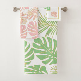 セージモダングリーンとピンクの熱帯葉熱帯 バスタオルセット