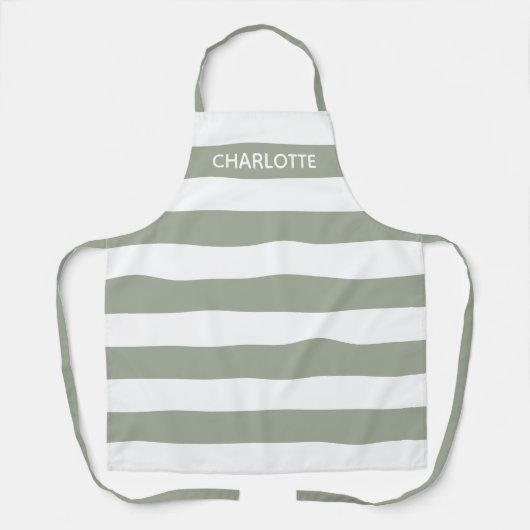 セージモダングリーンとホワイトストライプ名前をカスタムする エプロン (正面)