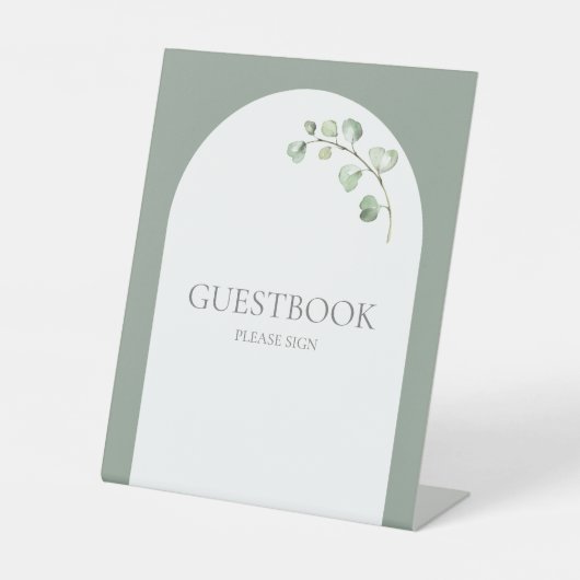 セージモダングリーンアーチボタニカル結婚ズゲストブック 台座サイン (正面)