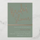 セージモダングリーンエレガントブライダルシャワーバラ金ゴールド 箔招待状 (正面)