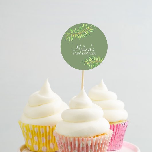 セージモダングリーンオリーブの枝カップケーキトッパー ラウンドシール