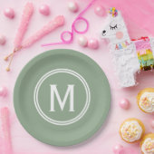 セージモダングリーンカスタム丸モノグラム ペーパープレート (パーティー)