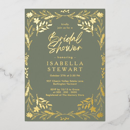 セージモダングリーンシックボホフローラブライダルシャワー 箔招待状 (正面)