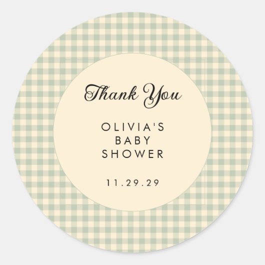 セージモダングリーンジンガム赤ちゃんシャワーありがとう ラウンドシール (正面)