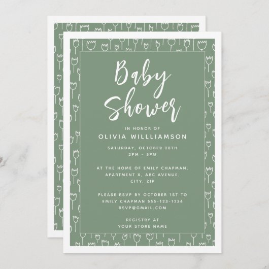 セージモダングリーンスクリプト赤ちゃんシャワー 招待状 (正面/裏面)