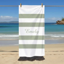 セージモダングリーンパタストライプのーン ビーチタオル