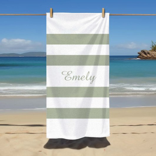 セージモダングリーンパタストライプのーン ビーチタオル