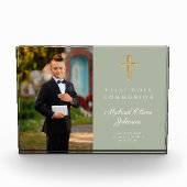 セージモダングリーンファースト聖餐式ボーイ写真 フォトブロック (正面)