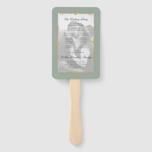 セージモダングリーンフォト金ゴールドハート結婚式 プログラム ハンドファン (裏面)