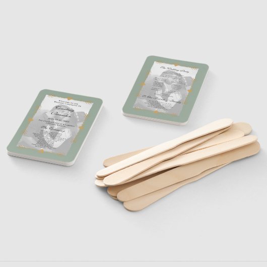 セージモダングリーンフォト金ゴールドハート結婚式 プログラム ハンドファン (組立なし)