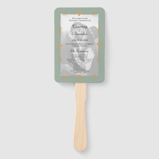 セージモダングリーンフォト金ゴールドハート結婚式 プログラム ハンドファン (正面)