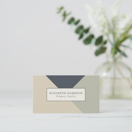 セージモダングリーンブルーリネンジオメトリックデザイン 名刺 (スタンド正面)