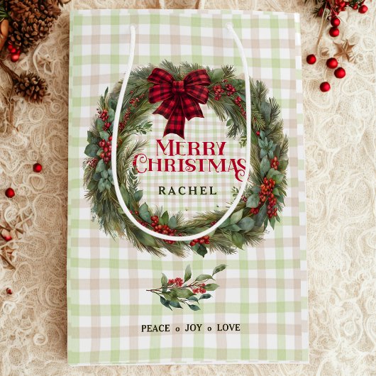 セージモダングリーンプレイドファームハウスクリスマスリース ミディアムペーパーバッグ