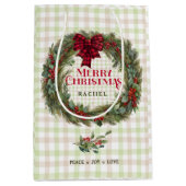 セージモダングリーンプレイドファームハウスクリスマスリース ミディアムペーパーバッグ (正面)