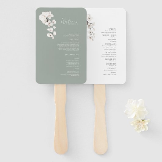 セージモダングリーンホワイトオーキズ結婚式 プログラム ハンドファン (正面&裏面)