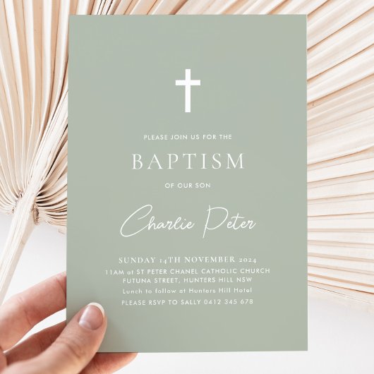 セージモダングリーンボーイズ交差《キリスト教》洗礼式や命名式バプテスマ 招待状