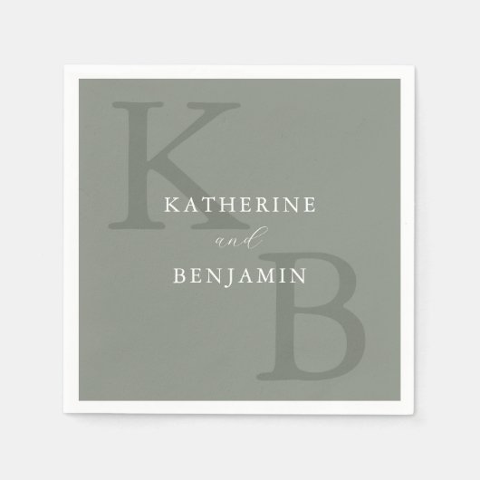 セージモダングリーンミニマリストモノグラム結婚ズ スタンダードカクテルナプキン (正面)